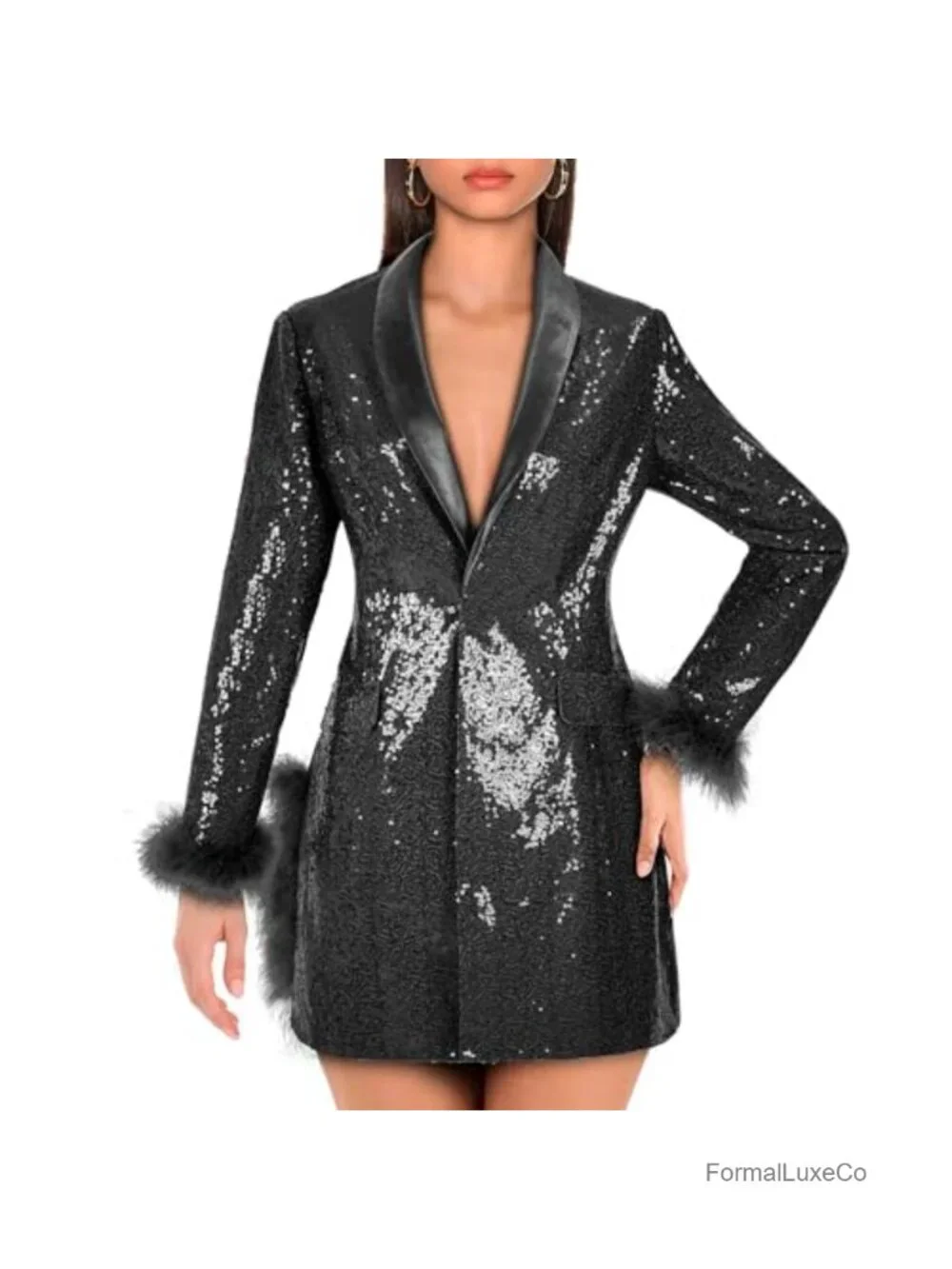 Sequin Blazer with Pockets Long Sleeve Slim Fit Party Jacket
